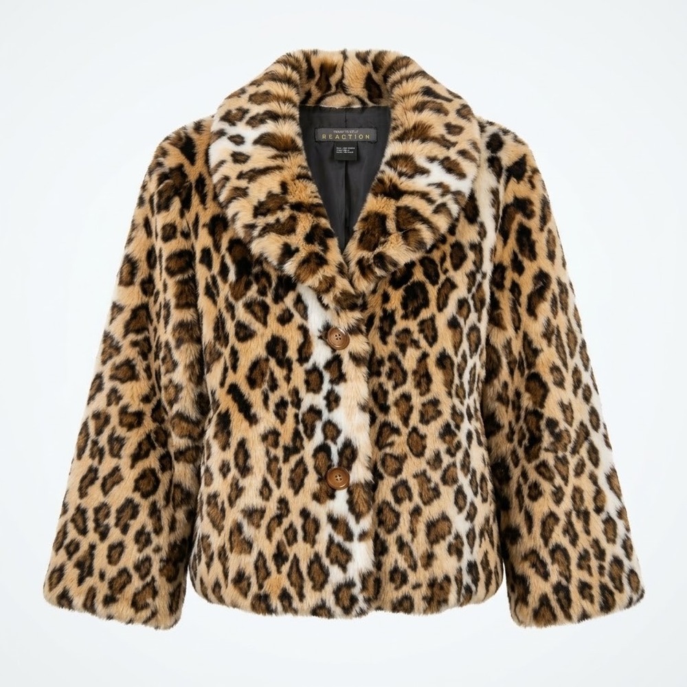 Kenneth Cole Reaction Womens Leopard Faux Fur Coat Vintage Y2K Glam Mob Wife
